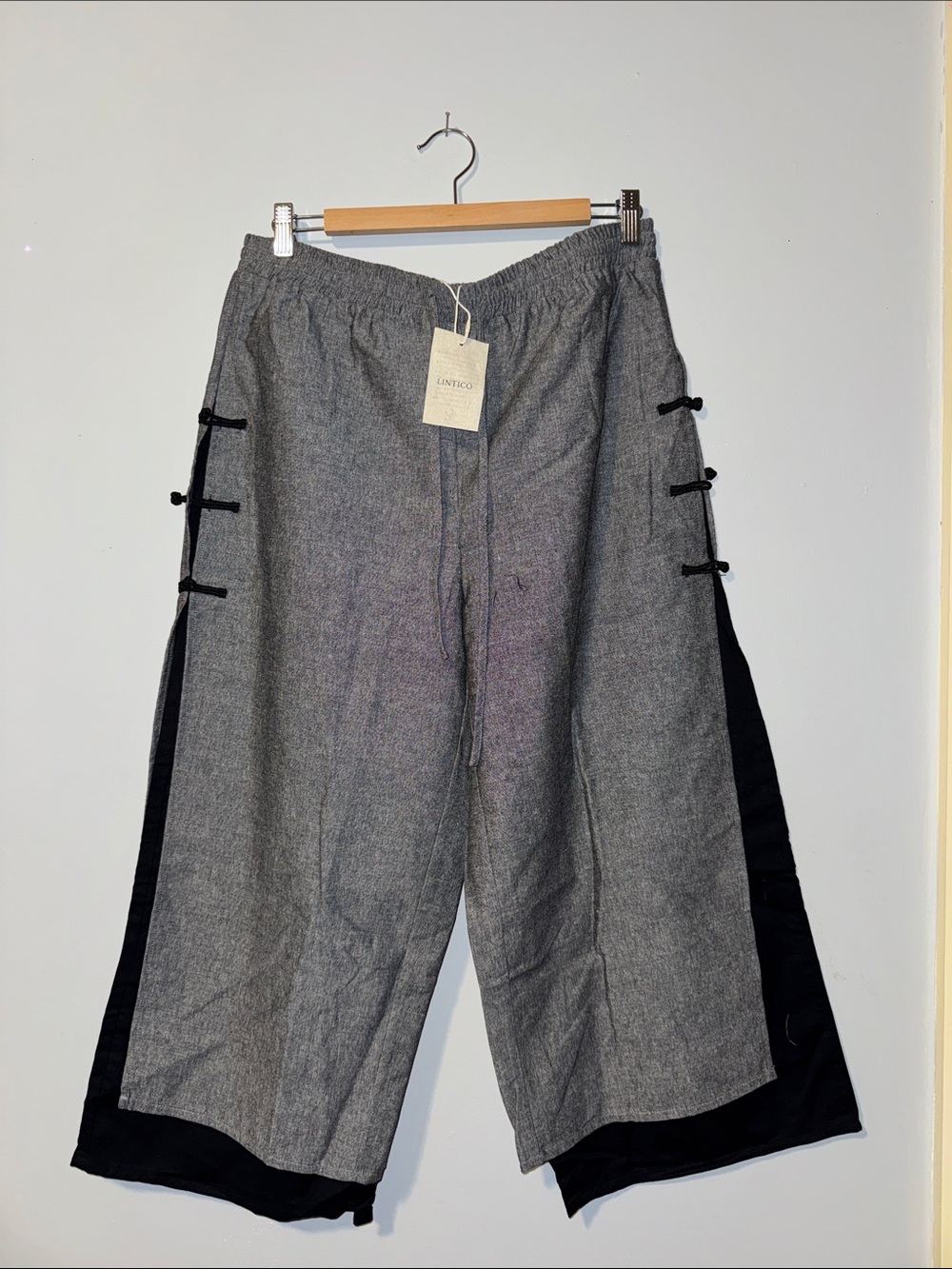 Grey Wide-Leg Women’s Pants with Black Side Panels